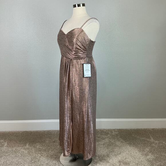 Metallic Sleeveless Evening Gown Rose Gold Size 14W Nightway Thigh Slit Dress - Picture 4 of 12